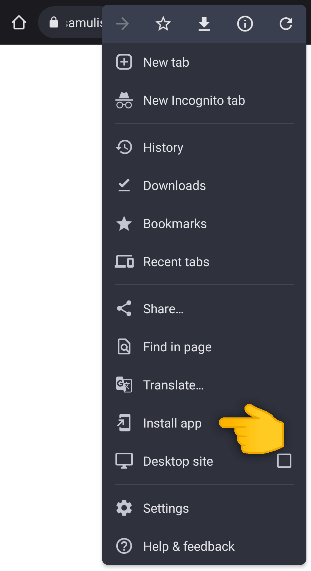 Demonstration of the installation menu option on Chrome for Android